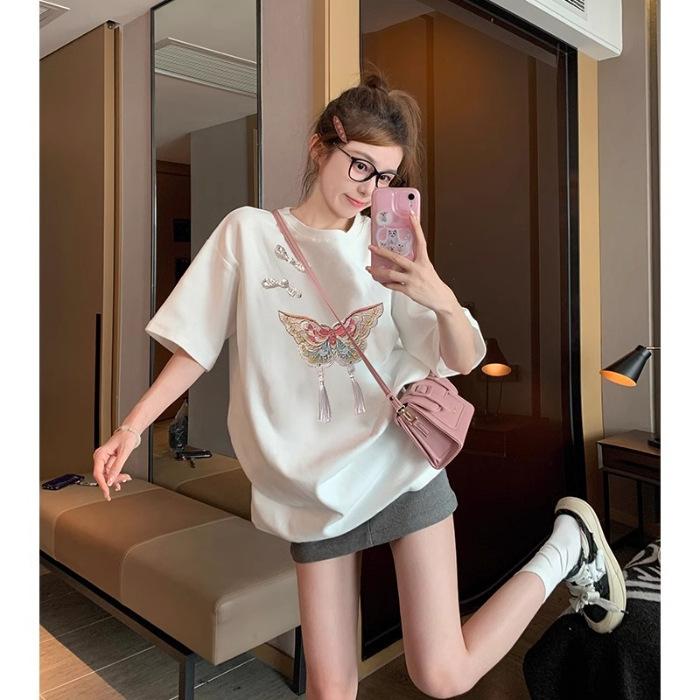 

Новая футболка с коротким рукавом в китайском стиле с бантом, женская весенняя базовая футболка для ношения под низ, дизайнерский нишевый топ в стиле инс M белый