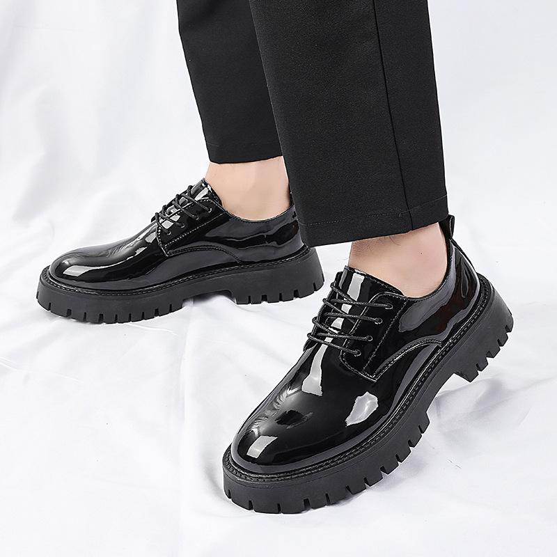 Leather Shoes Men's Patent Leather Glossy Big Head Tooling Casual Business Dress Black