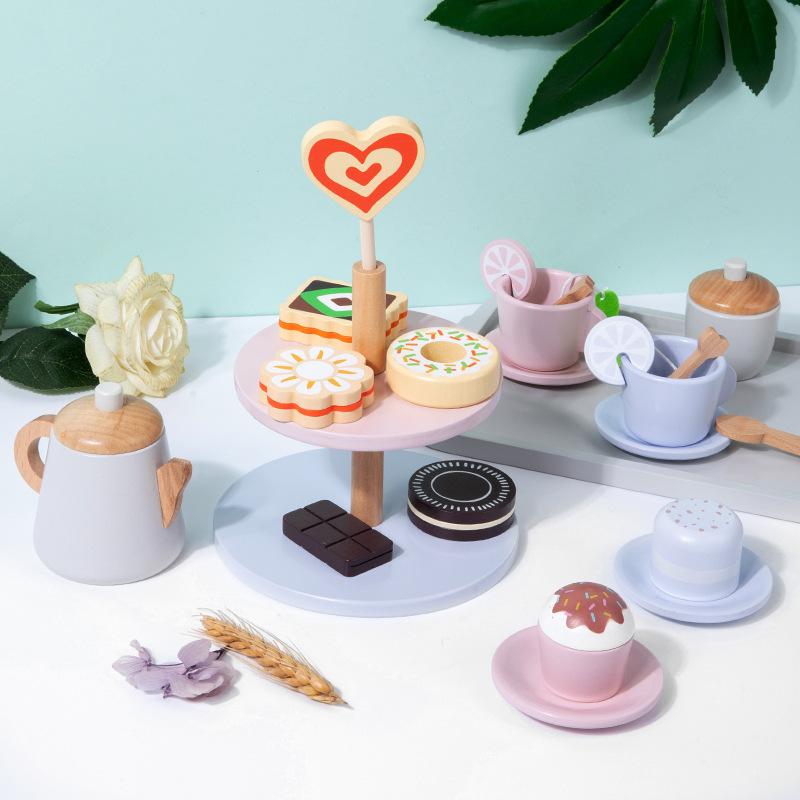 Wooden Children's Play House Tea Set Afternoon Tea Dessert Simulation Teapot Tableware Kitchen Boys and Girls Toys