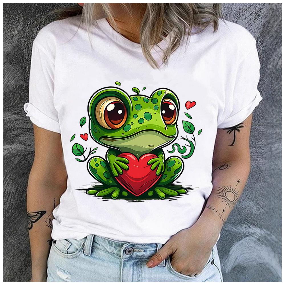 Unisex 100% Polyester Summer Top Cartoon heart-shaped frog Print Loose round Neck Short Sleeve Fashion for Lovers