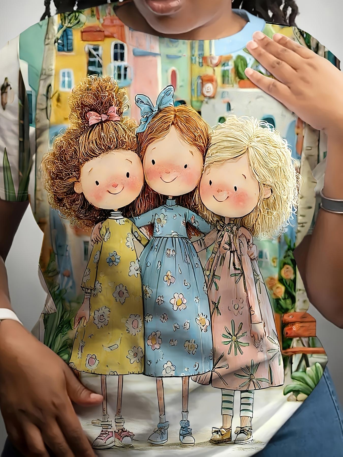 

Women S T-Shirt Featuring a Playful Illustration of Three Cute Hugging Each Other. Paired with a Colorful Small Town Backdrop. Offers a Soothing And F S дубильная кора