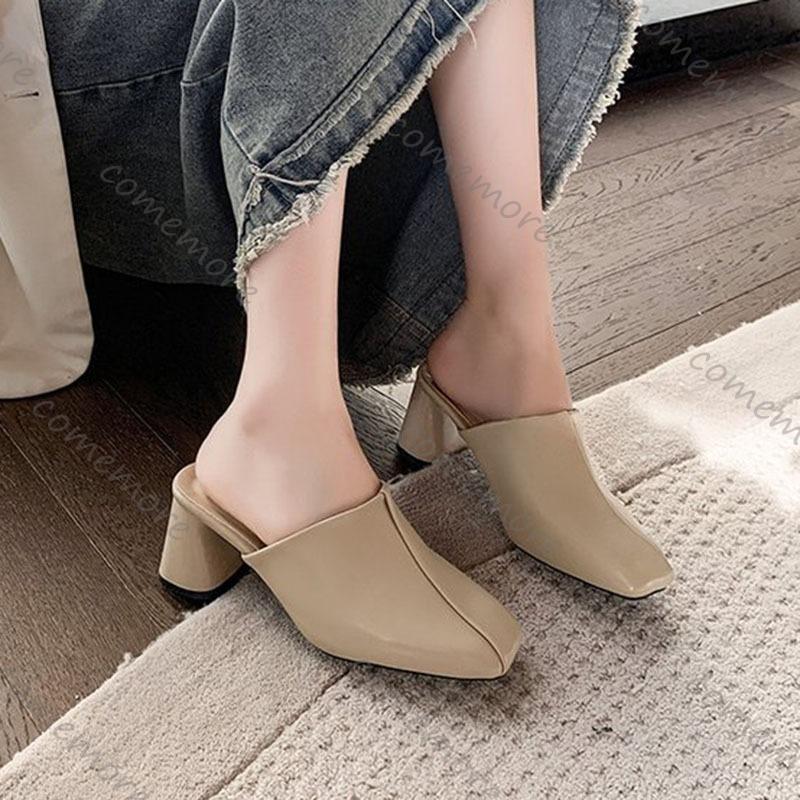 Comemore High Heels Mules Women Slippers Summer Shoes 2025 New Elegant Solid Color Casual Chunky Heeled Baotou Half Slipper