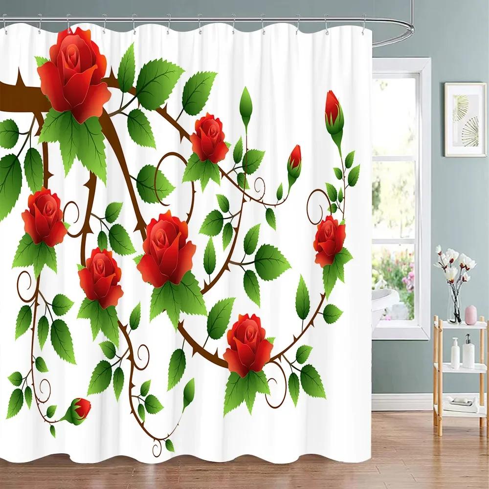 Valentine's Day Red Rose Shower Curtain Pink Red Love Tree Flower Polyester Fabric Washable Hanging Curtains Bathroom Decoration