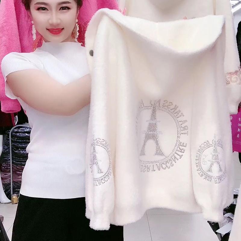 

Осенне-зимнее теплое толстое пальто из искусственного меха норки с капюшоном, женский кардиган с воротником из страз XXXL