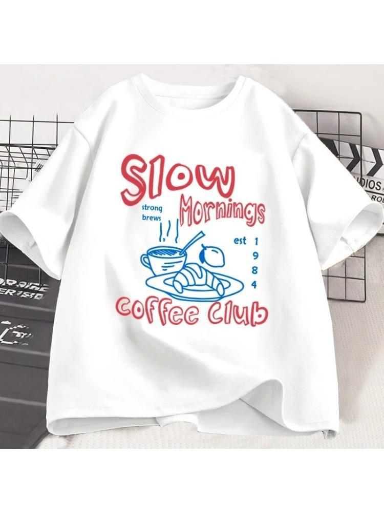 

Slow Mornings Graphic Tshirt Man Trendy Coffee Club Tshirt Retro Coffee and Croissant T Shirt Breakfast Club Tee Clothing 4XL