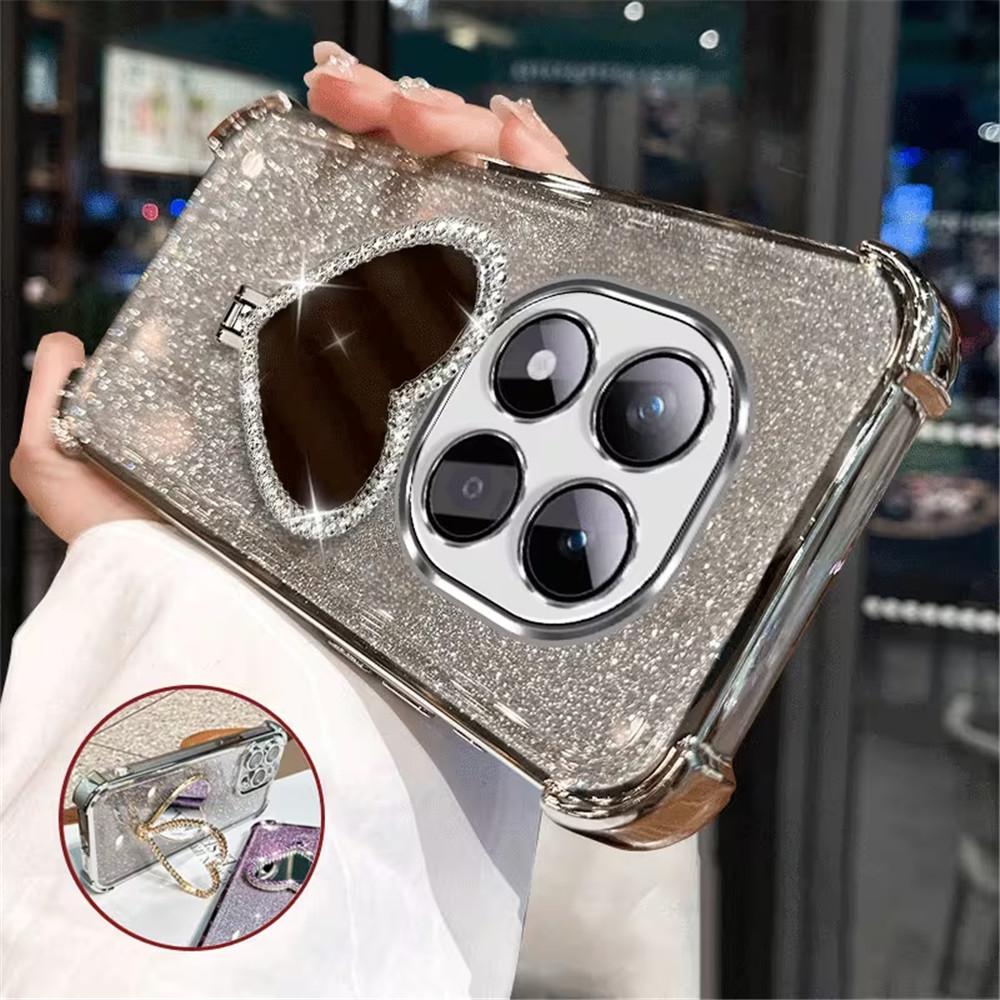 Glitter Heart Mirror Holder Stand Phone Case For OPPO Reno 15 15C 15F Pro Max 14F 13F 12F 11F Shockproof Soft Silicon Back Cover