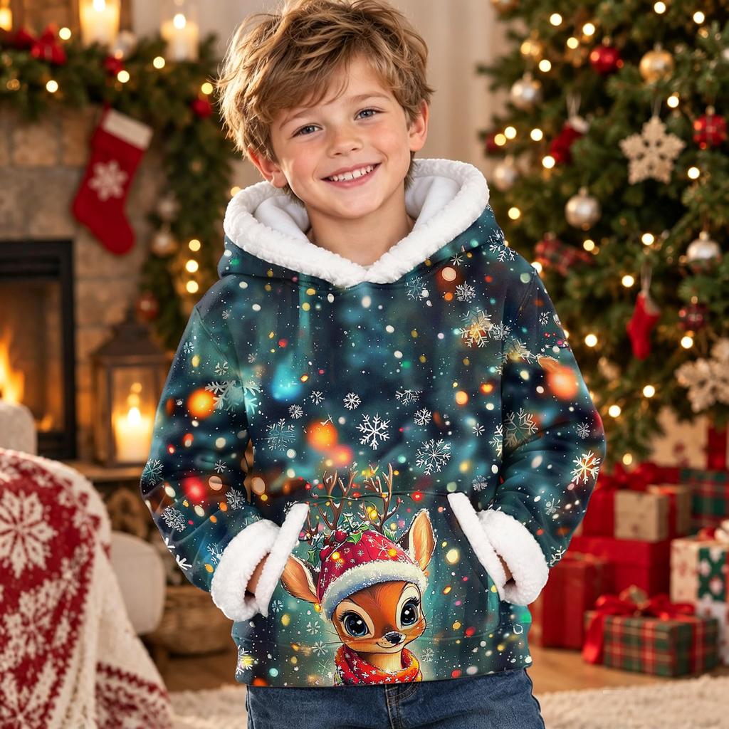 Kids Long Sleeve Christmas Print Casual Fashion Hooded Top