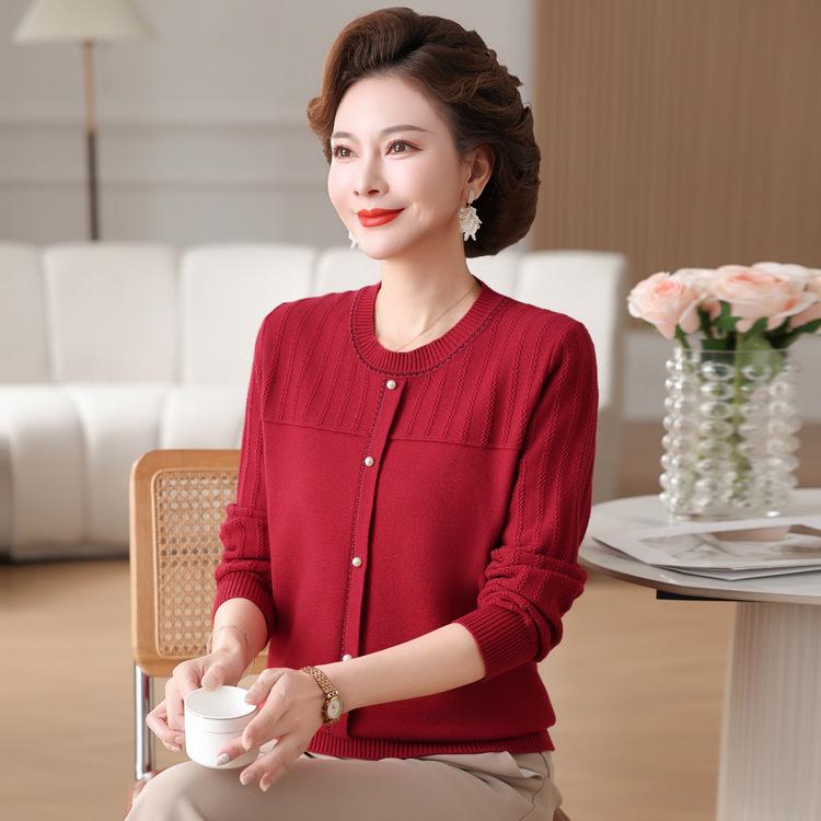 New Mother Spring Clothes Fashionable Round Neck Thin Sweater Middle-aged and Elderly Women's Long-sleeved T-shirt Base Top