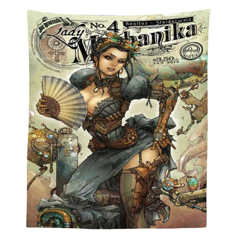 Steampunk Style Tapestry Lady Mechanika No4 Mechanical Woman Decoration Unique Wall Art for Home OfficeVintage Inspired 74x94cm(29x37in)