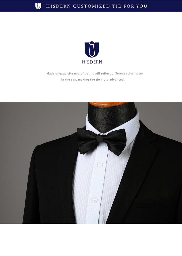 [HISDERN] Black Bow Tie for Men, Wedding, Adult, One-Touch Pocket Square Set, Paisley Floral Pattern, Stylish Bow Tie, Silk, Business, Formal, Brand,