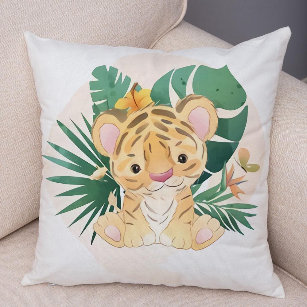 

Cartoon Bird and Leaves Pillow Case Decor Cute Animal Lion Cushion Cover for Children Room Sofa Home Plush Pillowcase 45x45cm 40x40cm16x16Inch