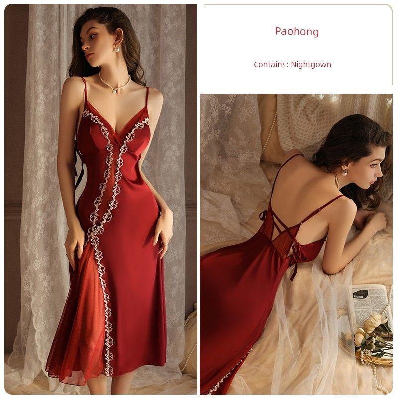 Good Morning with You: French Entry Lux Suspenders Pajamas Pure Desire Ice Silk Nightdress Long with Chest Pad Fancy Homewear