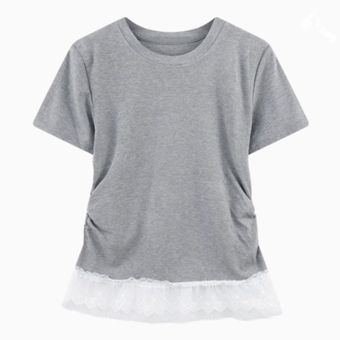

Женская приталенная футболка в балетном стиле с отделкой французским кружевом для весны/лета 2025 Extra Large серый
