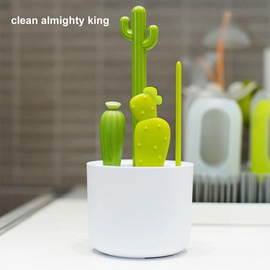 1 Set Cleaning Brush Comfortable Grip Easy To Use Cactus Shape Cup Washing Brush with Storage Base Daily Use