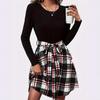 JKASHDK Women's Fashion Spring Fall Plaid Print Long Sleeve O-Neck High Waist Casual Dresses