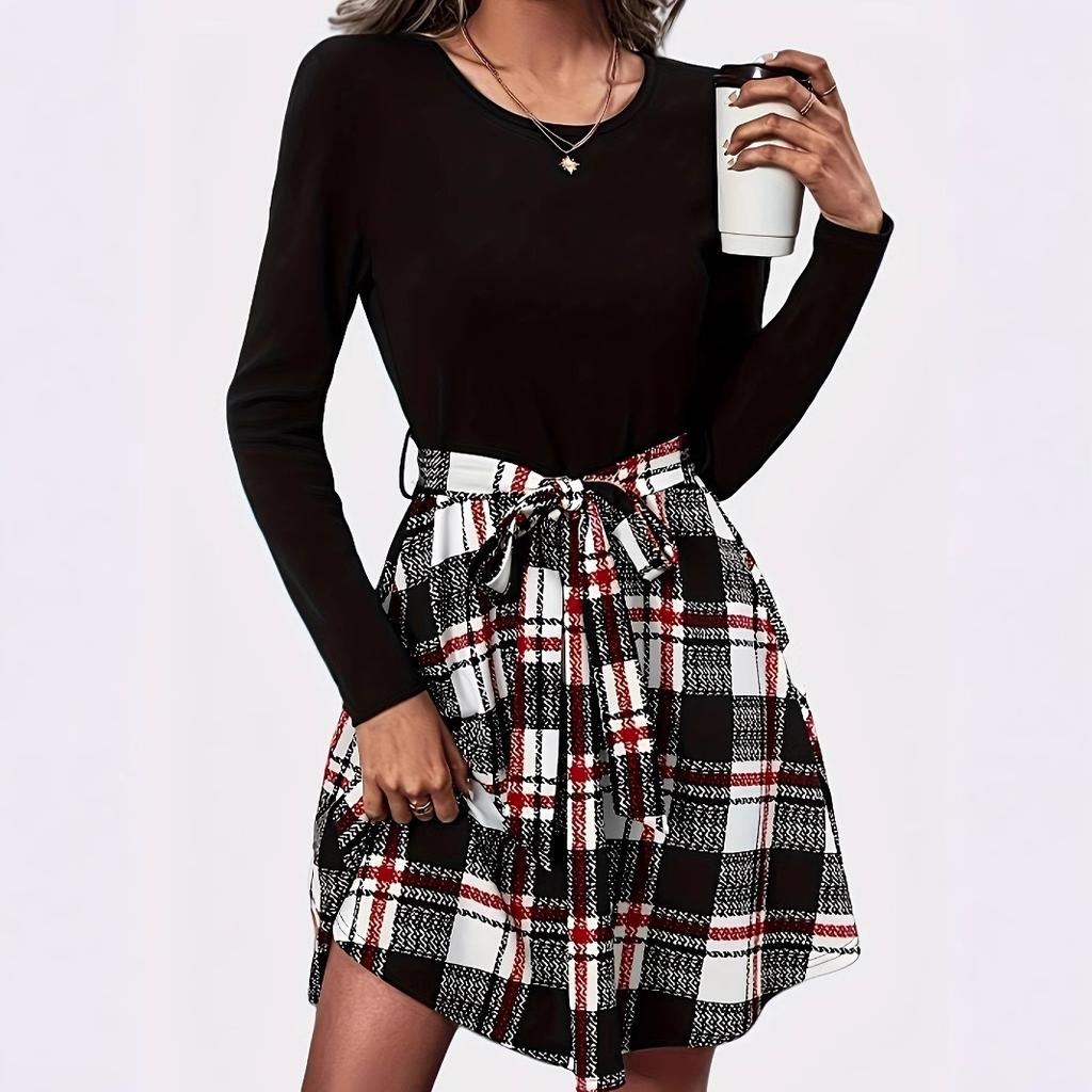 JKASHDK Women's Fashion Spring Fall Plaid Print Long Sleeve O-Neck High Waist Casual Dresses
