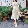Chinese Gentle Style Retro Sweet Button Up Dress for Women's Summer Oversized Cheongsam with Waistband Tie Up Long Skirt
