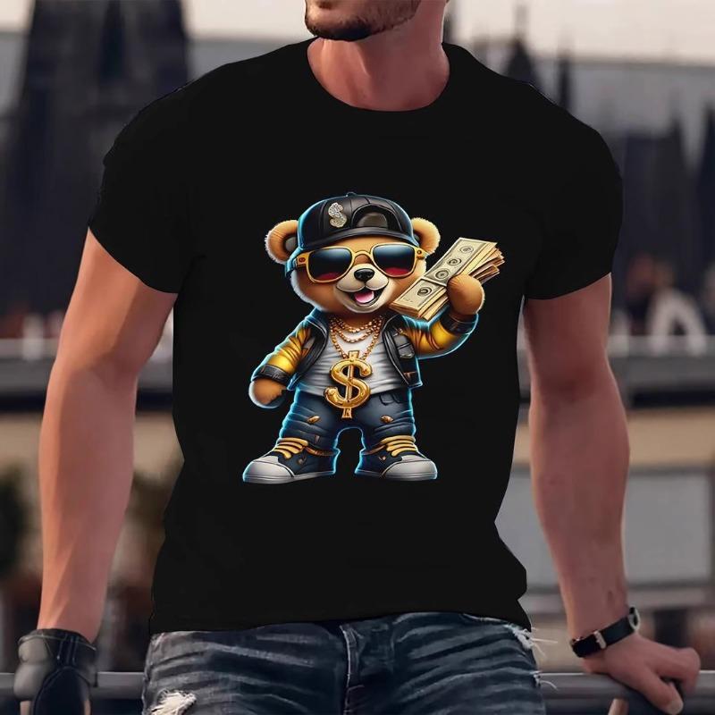 Summer Street Fun Teddy Bear 3D Digital Printed Round Neck Short Sleeve Men's Sports Leisure Comfortable Loose T-shirt