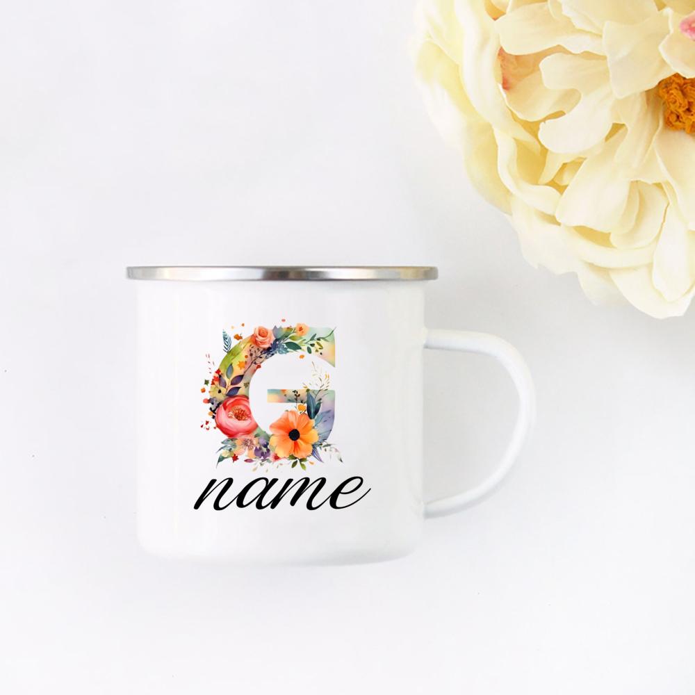 Personalisierte Blumige Initialen Namensbecher Benutzerdefinierter Name Tee Kaffee Heiße Schokolade Tasse Braut Brautjungfer Muttertag Geschenk für Sie