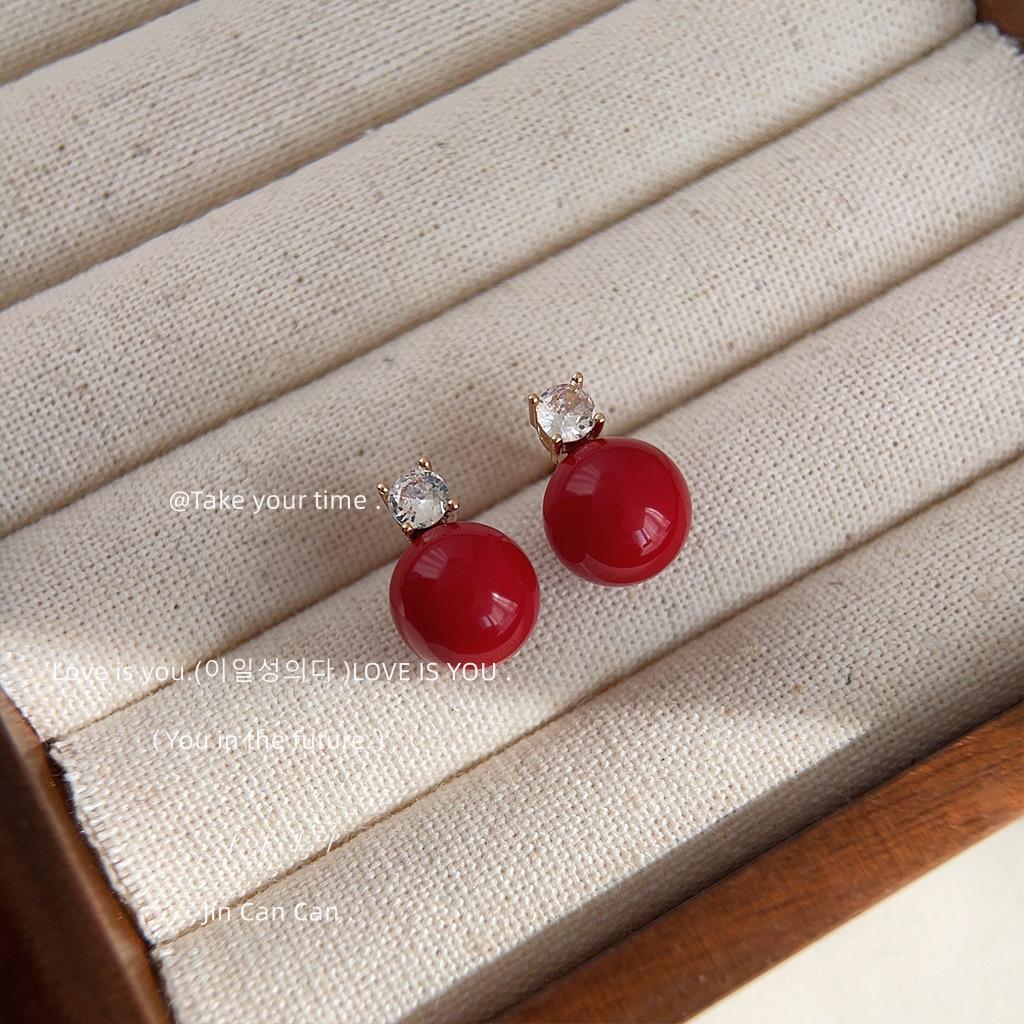 Popular textured glass pearl stud earrings New Year s versatile elegant round zircon ear jewelry