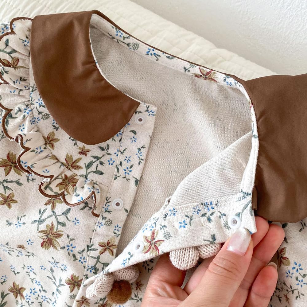 Baby Clothes Bodysuit Long Sleeve Girls Coverall Lace Newborn Baby Preparing for Birth Gift Monthly Photo Collar Floral Pattern Brown 6M [Baby koi]