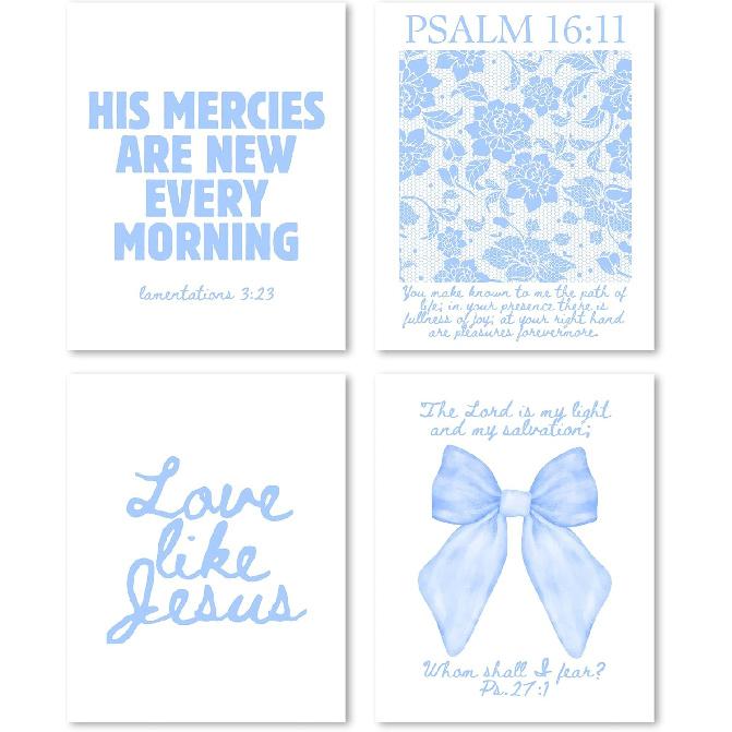 FGFK Girly Pink Christian Wall Art Prints Set of 4, Lamentations 3:23 Psalm 16:11 Psalm 27:1 Bible Verse Preppy Posters Pictures Wall Decor for Girls