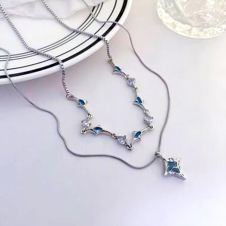 2025 Blue-Green Double-Layer Star Necklace: Unique Niche Design & Fashionable Sweater Chain for Women.