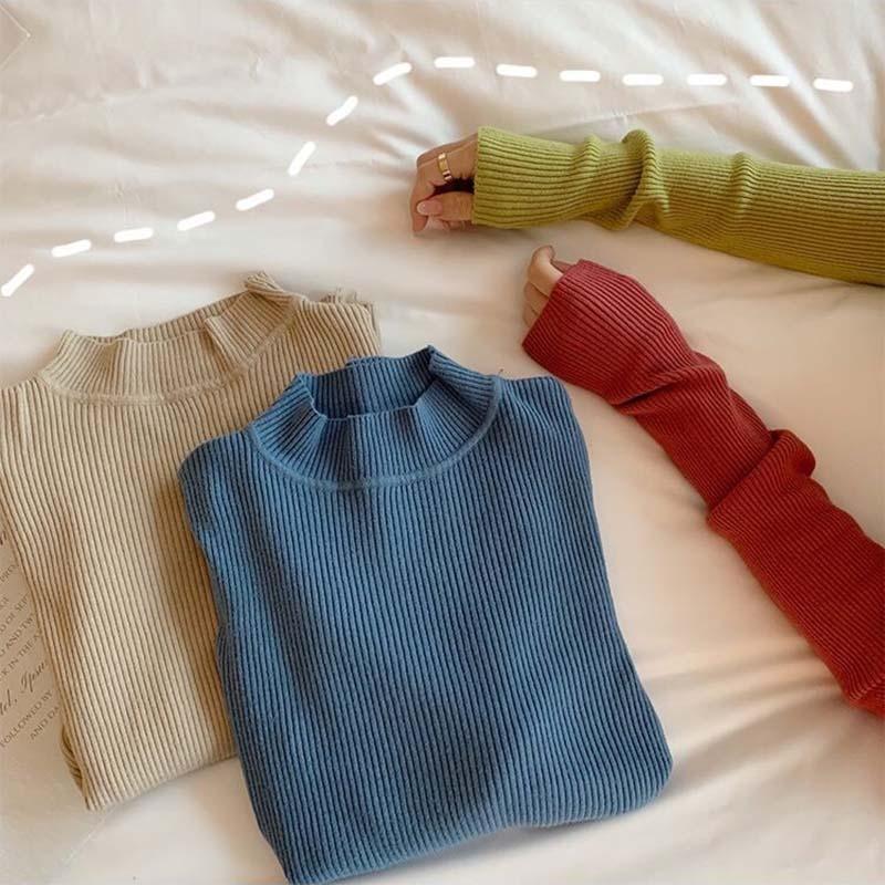 Autumn and Winter Long Sleeve Pullover Hundred Solid Color Women's Sweater Half High Neck Slim Knit Bottom Shirt