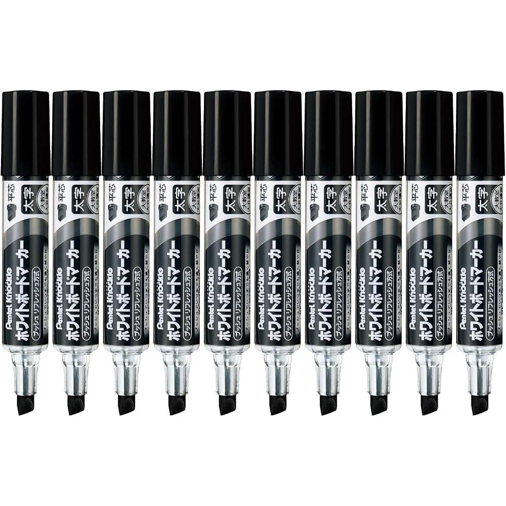 Pentel EMWL6W-A White Board Marker Knocks, Flat Core, Bold, Black [Set of 10]