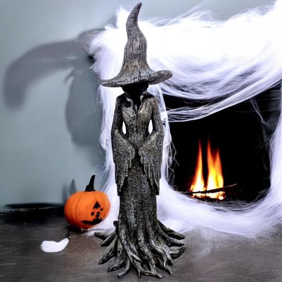 Halloween Tree Root Witch Statue Spooky Black Witch Figurine Resin Sculpture Home Office Holiday Party Decoration Ornament