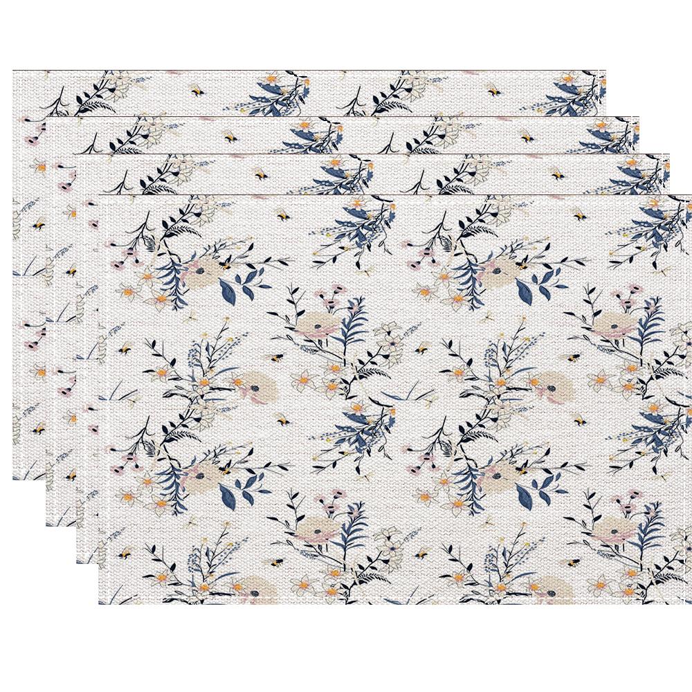 4/6/8PC Floral Placemats Washable Linen Farmhouse Table Mat for Party Holiday Kitchen Dining Table Decoration