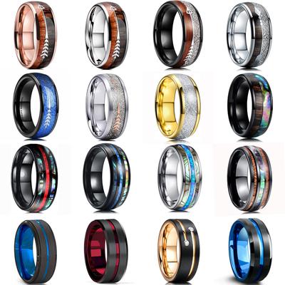 48 Styles 8mm noir brossé hommes anneaux en acier inoxydable incrustation hawaïen Koa bois météorite flèche anneau hommes femmes cadeaux de mariage