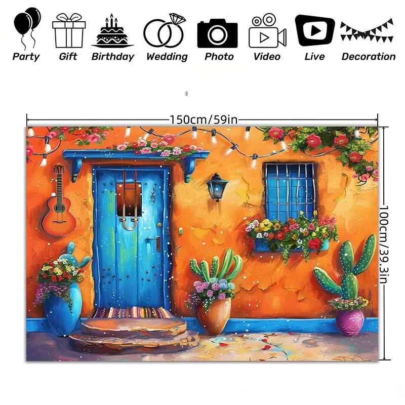 Une bannière vive en polyester pour un thème de fête mexicaine - fresque colorée représentant des guitares, des fleurs, des cactus et des lanternes