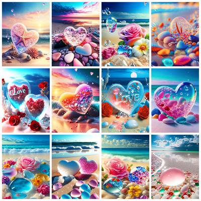 Kit de broderie de peinture au diamant Coeur Pierre Bord de mer Décoration d'intérieur Mosaïque Point de croix Amour Plage Paysage Cristal Image