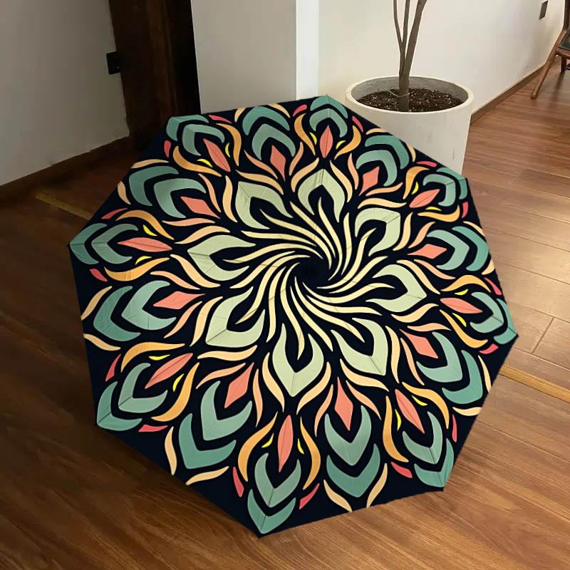 1pc Mandala Pattern Automatic Folding Umbrella, Portable Collapsible Design, 8-Rib Iron Frame, Outdoor Accessory yy250905113