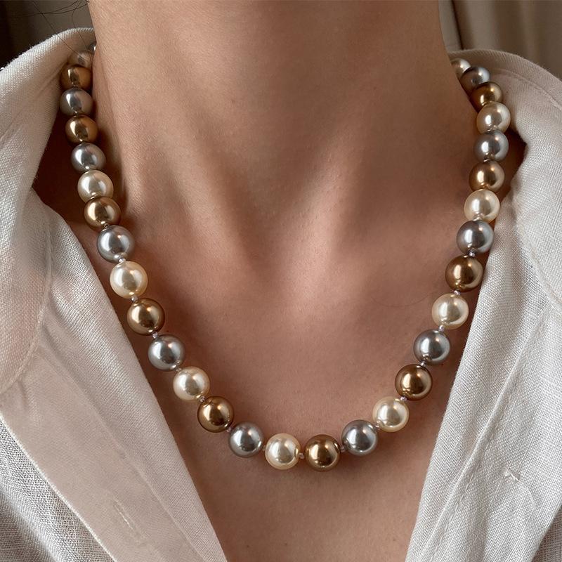 Shijia Pearl Maillard Style French Retro Light Luxury Mixed Color Pearl Necklace Full Of Diamonds Horseshoe Buckle Collarbone Chain Women