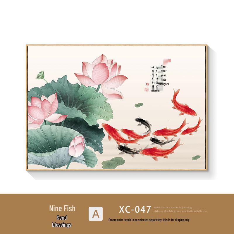 Nine Fish Wealth & Abundance Lotus Painting - New Chinese Style Decorative Wall Art for Dining Room
