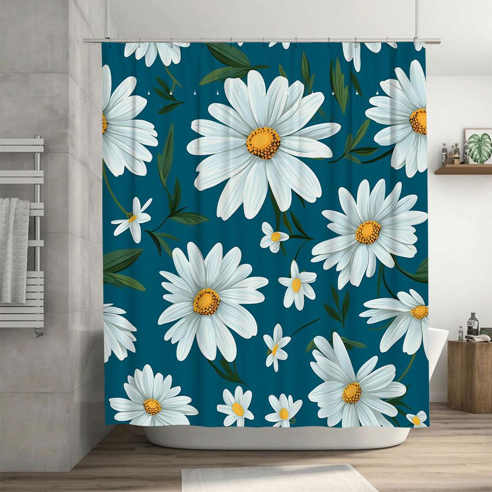 Blue Floral Shower Curtain with White Petals Perfect for Bathroom Decorations