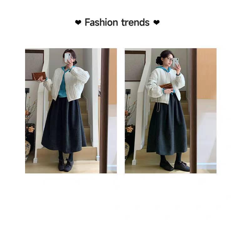 Women's Mid-Length Deep Gray Thickened Woolen Half-Skirt - Elastic Waist, Slimming, Autumn/Winter 2025.