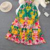New 2024 Summer Gorgeous Flower Print Chiffon Holiday Long Dress Boho Women's Sexy Deep V Neck Sleeveless Ruffles Buttons Robe