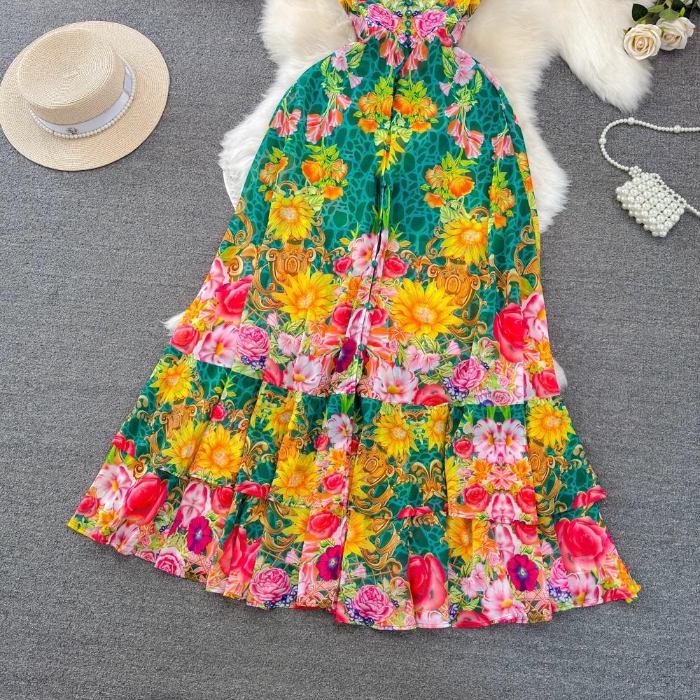 New 2024 Summer Gorgeous Flower Print Chiffon Holiday Long Dress Boho Women's Sexy Deep V Neck Sleeveless Ruffles Buttons Robe