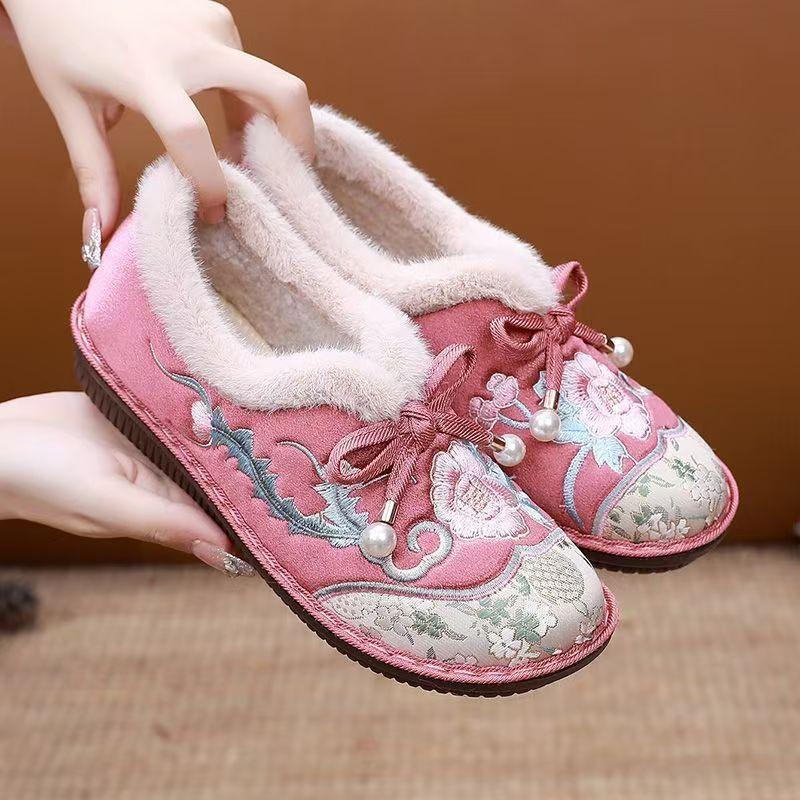 Women's New Ethnic Style Low Top Flat Sole Embroidered Cotton Shoes Soft Sole Non Slip Round Toe Plush Warm Slip On Elderly Shoe