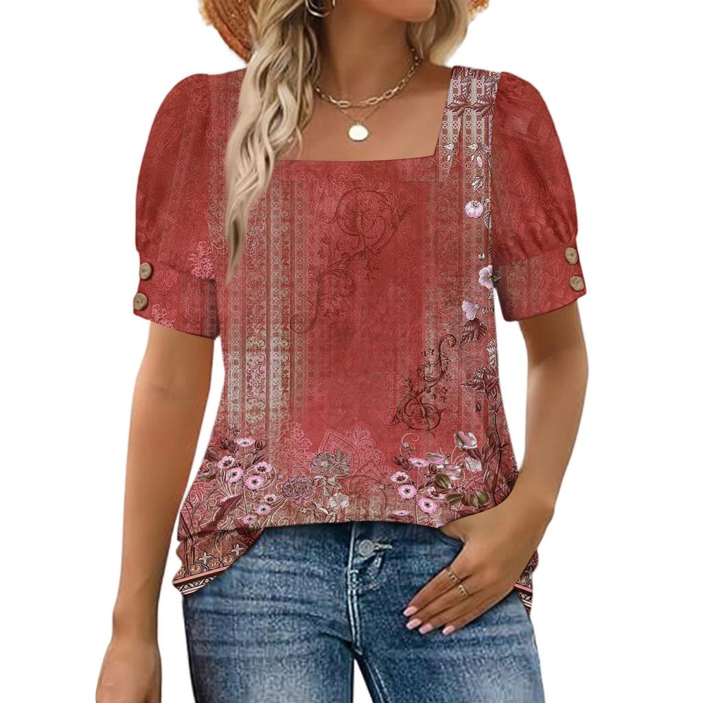 Women's Fashionable Casual Summer Retro Print Square Neck Button Short-sleeved Top