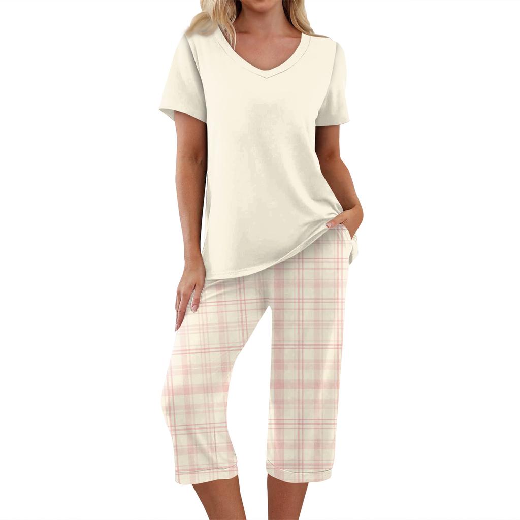 Women's Printed Two Piece Short Sleeve Pajama Set with Pants for Casual Sleepwear