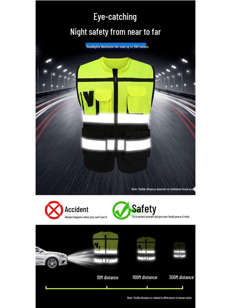 High-Visibility Multi-Pocket Reflective Vest - Color Block, Stand-Up Collar for Traffic Safety
