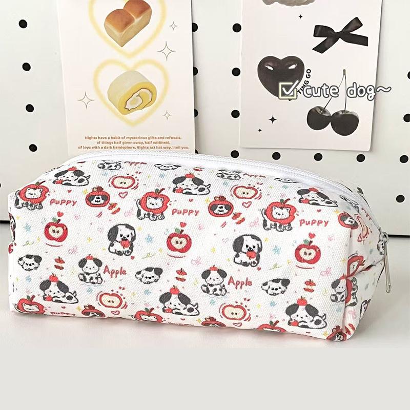 Cartoon Red Apple Puppy Printed Pencil Case Large Capacity Portable Storage Bag Stationery Makeup Bag Gifts
