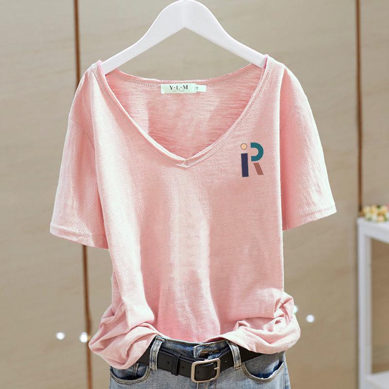 

Женская футболка из бамбукового хлопка с V-образным вырезом и коротким рукавом - Лето 2025, корейский стиль, повседневная белая основа 2XL