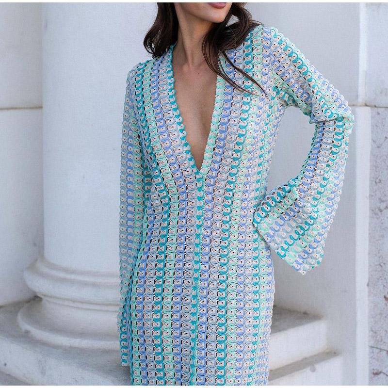 Лоскутное Женское Трикотажное Платье с Глубоким V-образным Вырезом — фото 10