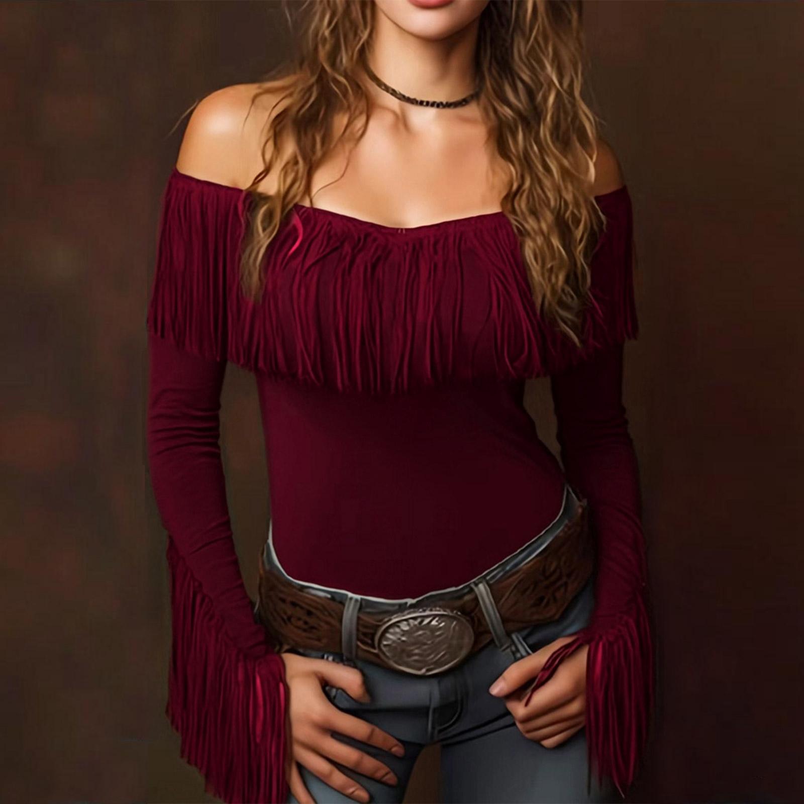 Women s Fashion Tassel Top Long Sleeve Retro Fitted Sexy Top XL винный