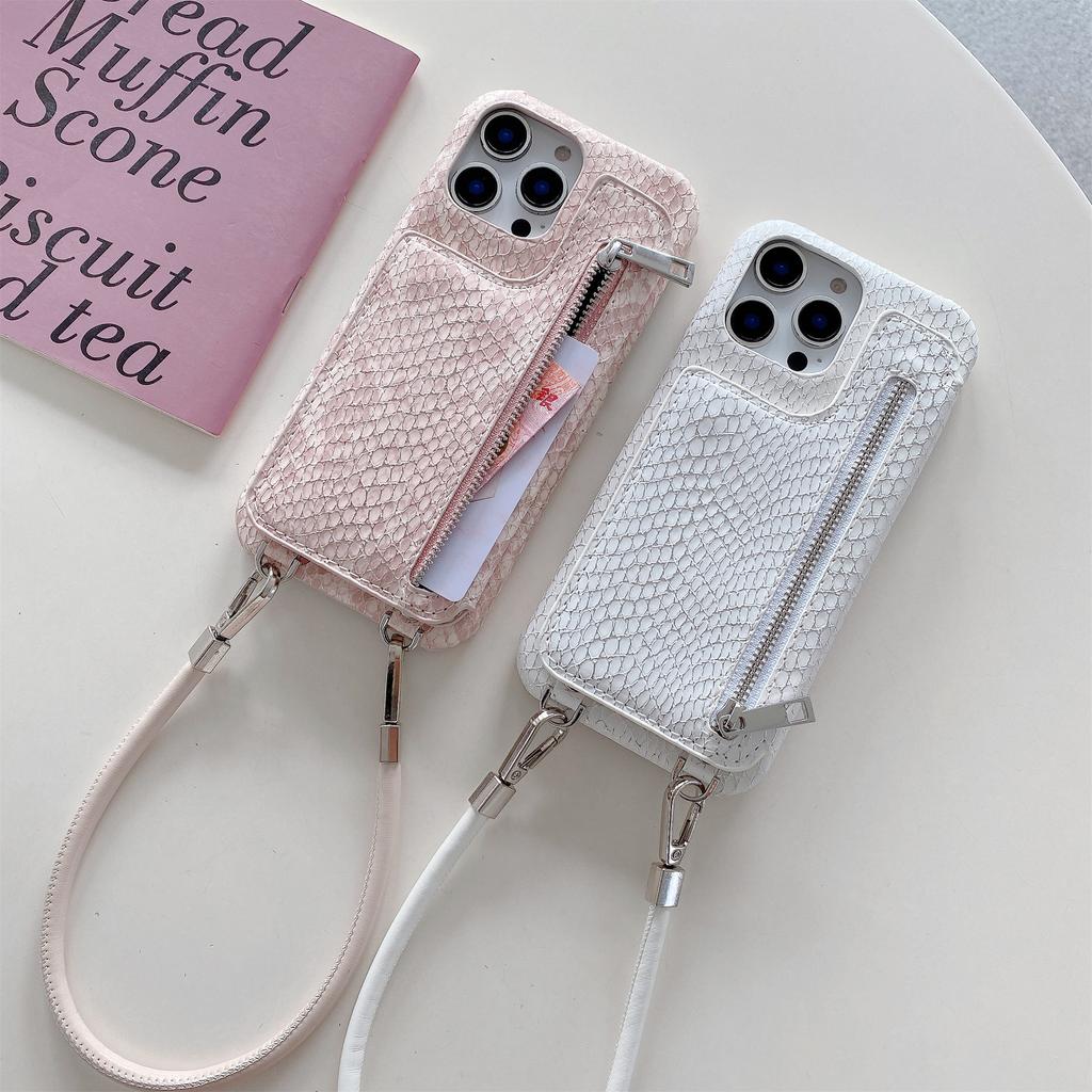 For iPhone 15 Pro Max Case Zipper Card Holder Mirror Snake Texture PU+PC Back Cover with Lanyard